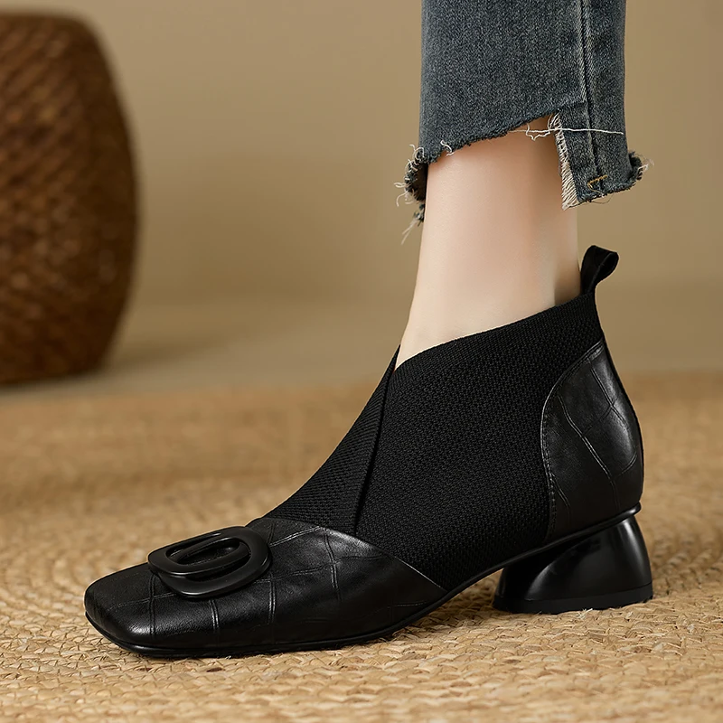 【JOCHEBED HU】Handmade Brand Genuine Leather Women Ankle Boots Mid Heels Square Toe Autumn Winter Dress Party Lady 34-43