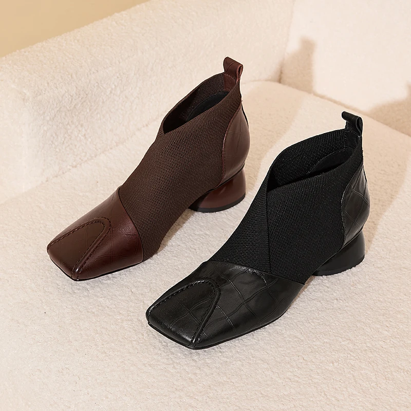 【JOCHEBED HU】Handmade Brand Genuine Leather Women Ankle Boots Mid Heels Square Toe Autumn Winter Dress Party Lady 34-43