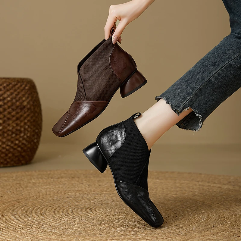 【JOCHEBED HU】Handmade Brand Genuine Leather Women Ankle Boots Mid Heels Square Toe Autumn Winter Dress Party Lady 34-43