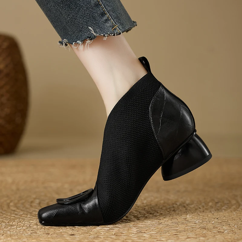 【JOCHEBED HU】Handmade Brand Genuine Leather Women Ankle Boots Mid Heels Square Toe Autumn Winter Dress Party Lady 34-43