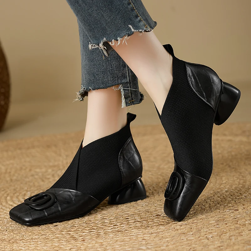 【JOCHEBED HU】Handmade Brand Genuine Leather Women Ankle Boots Mid Heels Square Toe Autumn Winter Dress Party Lady 34-43