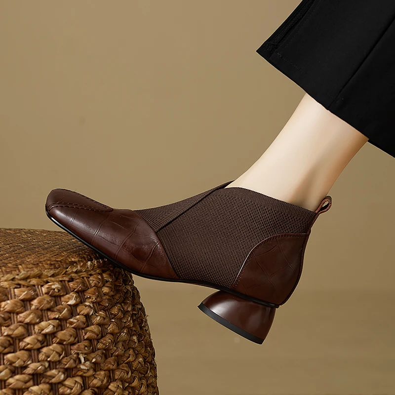 【JOCHEBED HU】Handmade Brand Genuine Leather Women Ankle Boots Mid Heels Square Toe Autumn Winter Dress Party Lady 34-43