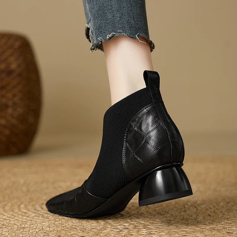 【JOCHEBED HU】Handmade Brand Genuine Leather Women Ankle Boots Mid Heels Square Toe Autumn Winter Dress Party Lady 34-43