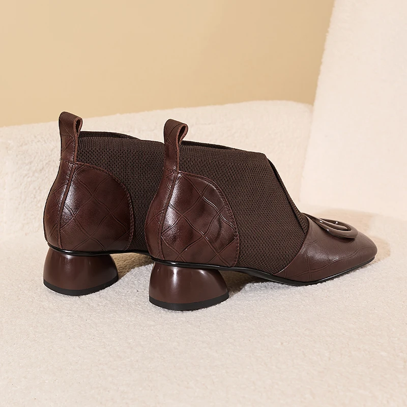 【JOCHEBED HU】Handmade Brand Genuine Leather Women Ankle Boots Mid Heels Square Toe Autumn Winter Dress Party Lady 34-43