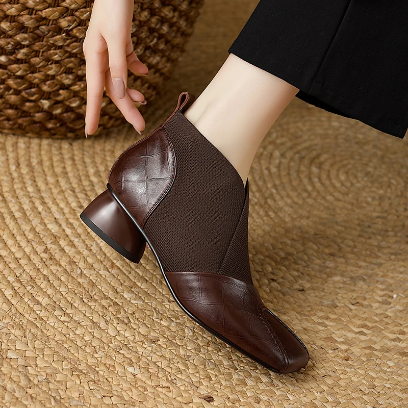 【JOCHEBED HU】Handmade Brand Genuine Leather Women Ankle Boots Mid Heels Square Toe Autumn Winter Dress Party Lady 34-43