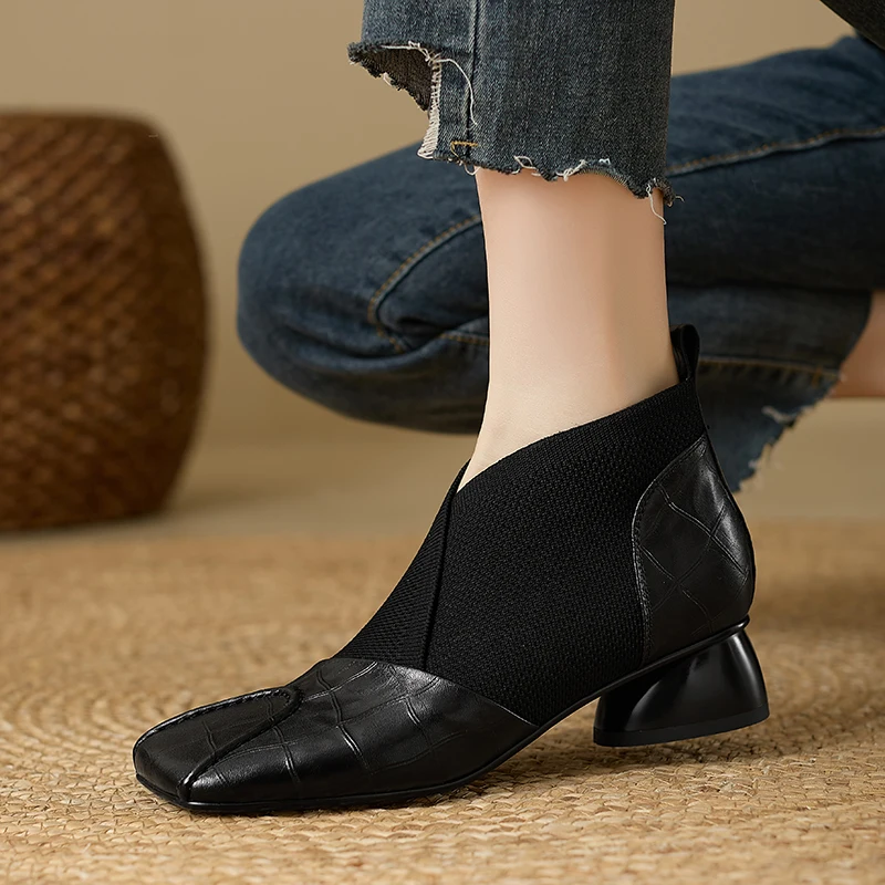 【JOCHEBED HU】Handmade Brand Genuine Leather Women Ankle Boots Mid Heels Square Toe Autumn Winter Dress Party Lady 34-43