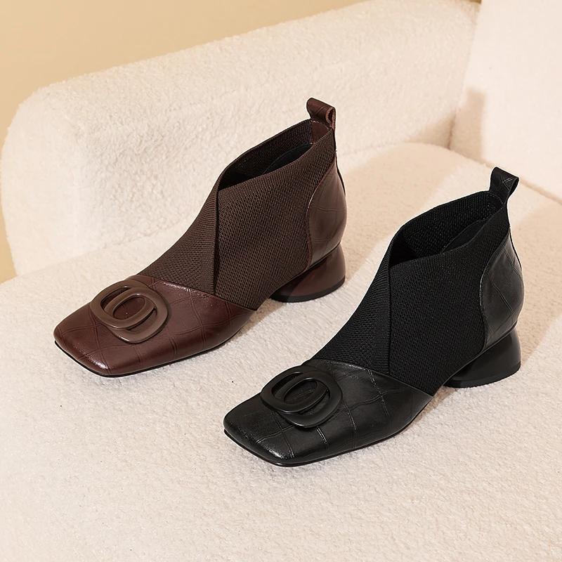 【JOCHEBED HU】Handmade Brand Genuine Leather Women Ankle Boots Mid Heels Square Toe Autumn Winter Dress Party Lady 34-43