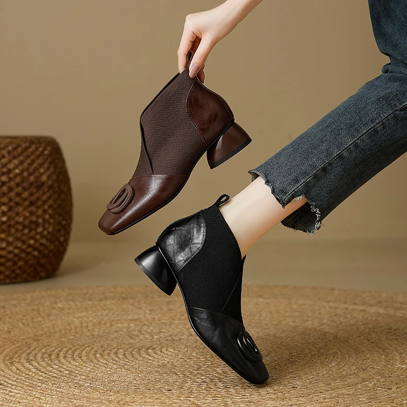 【JOCHEBED HU】Handmade Brand Genuine Leather Women Ankle Boots Mid Heels Square Toe Autumn Winter Dress Party Lady 34-43