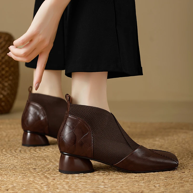 【JOCHEBED HU】Handmade Brand Genuine Leather Women Ankle Boots Mid Heels Square Toe Autumn Winter Dress Party Lady 34-43