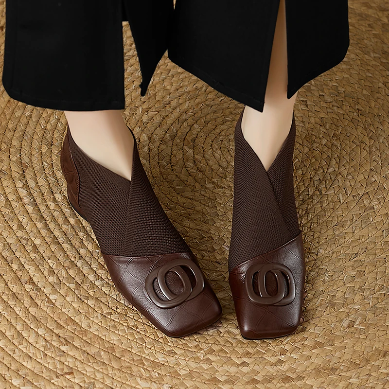 【JOCHEBED HU】Handmade Brand Genuine Leather Women Ankle Boots Mid Heels Square Toe Autumn Winter Dress Party Lady 34-43