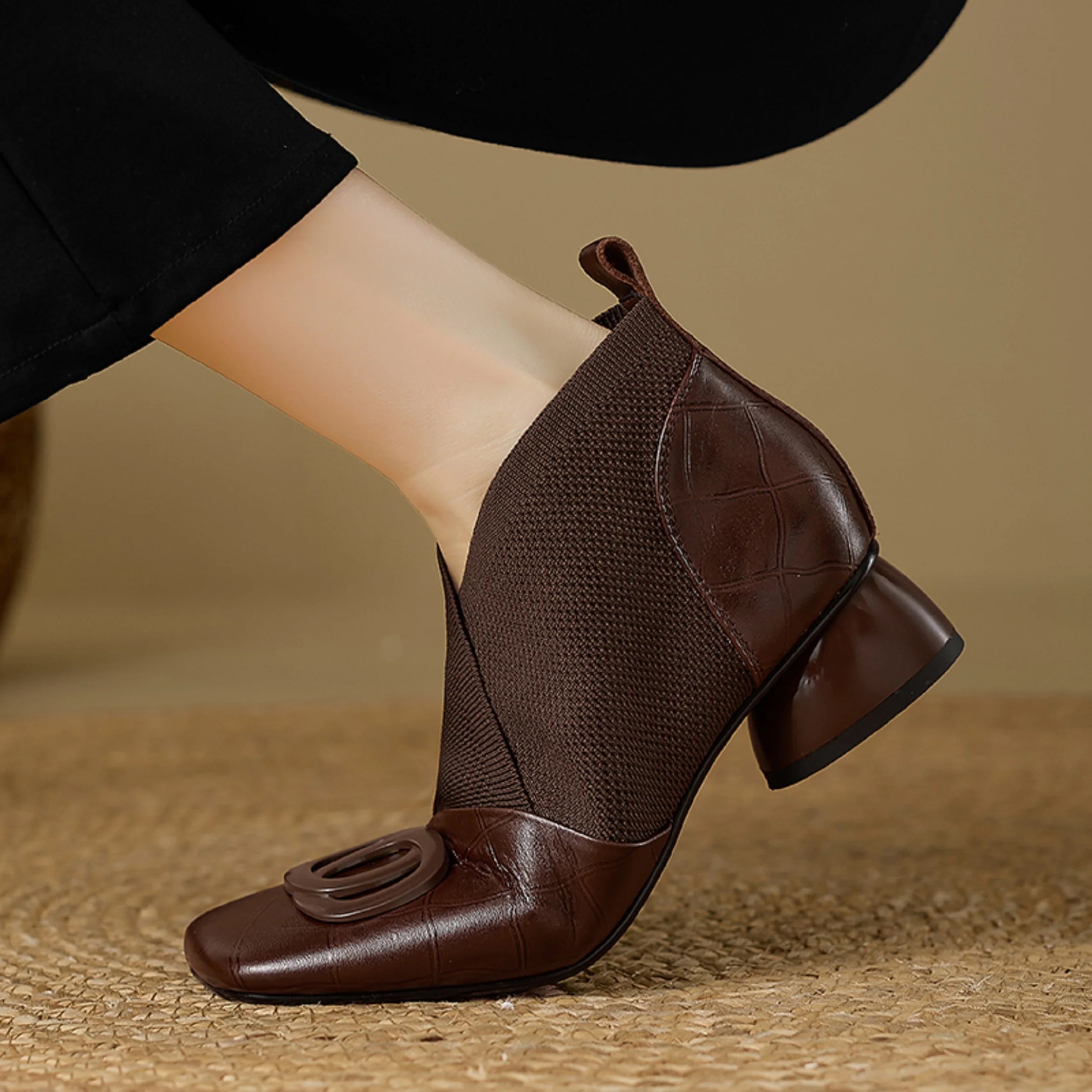 【JOCHEBED HU】Handmade Brand Genuine Leather Women Ankle Boots Mid Heels Square Toe Autumn Winter Dress Party Lady 34-43