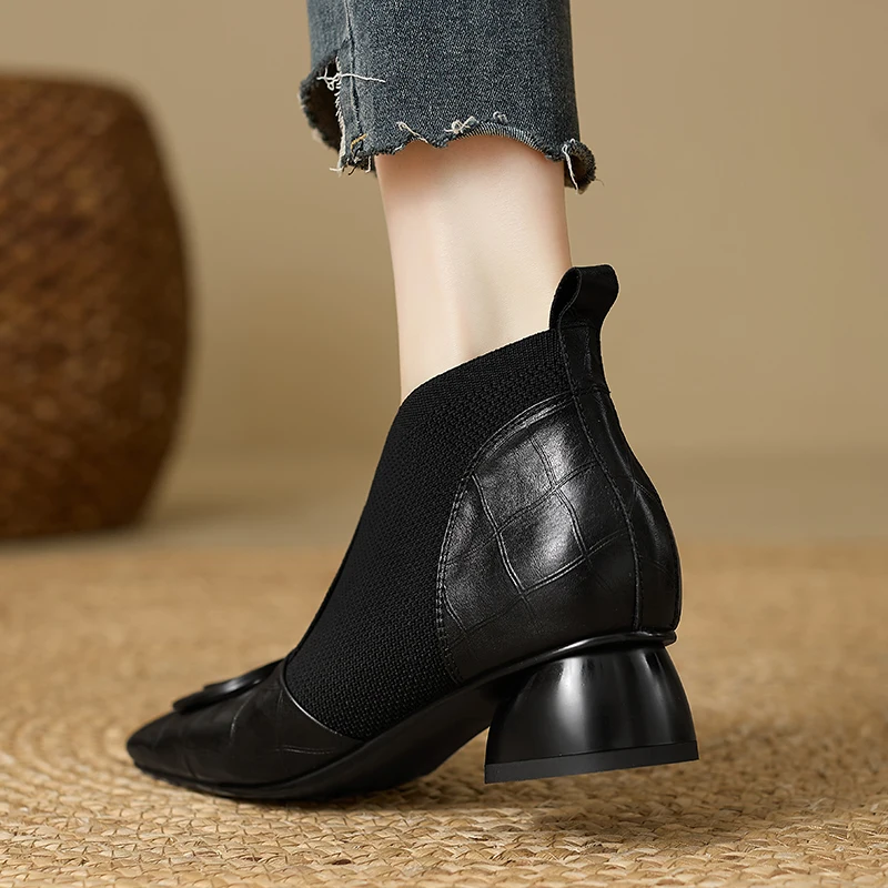 【JOCHEBED HU】Handmade Brand Genuine Leather Women Ankle Boots Mid Heels Square Toe Autumn Winter Dress Party Lady 34-43