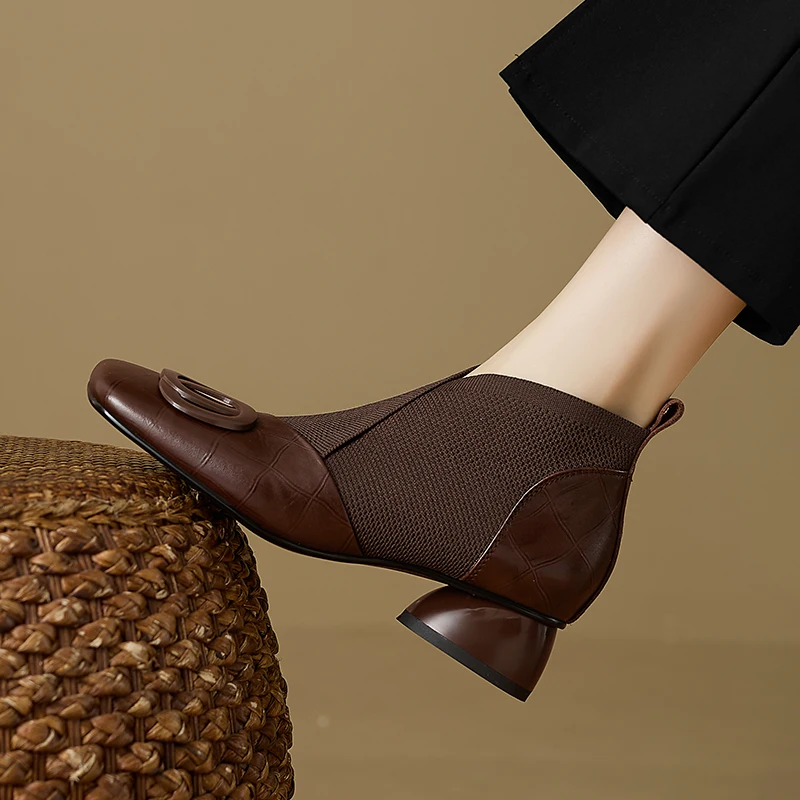 【JOCHEBED HU】Handmade Brand Genuine Leather Women Ankle Boots Mid Heels Square Toe Autumn Winter Dress Party Lady 34-43