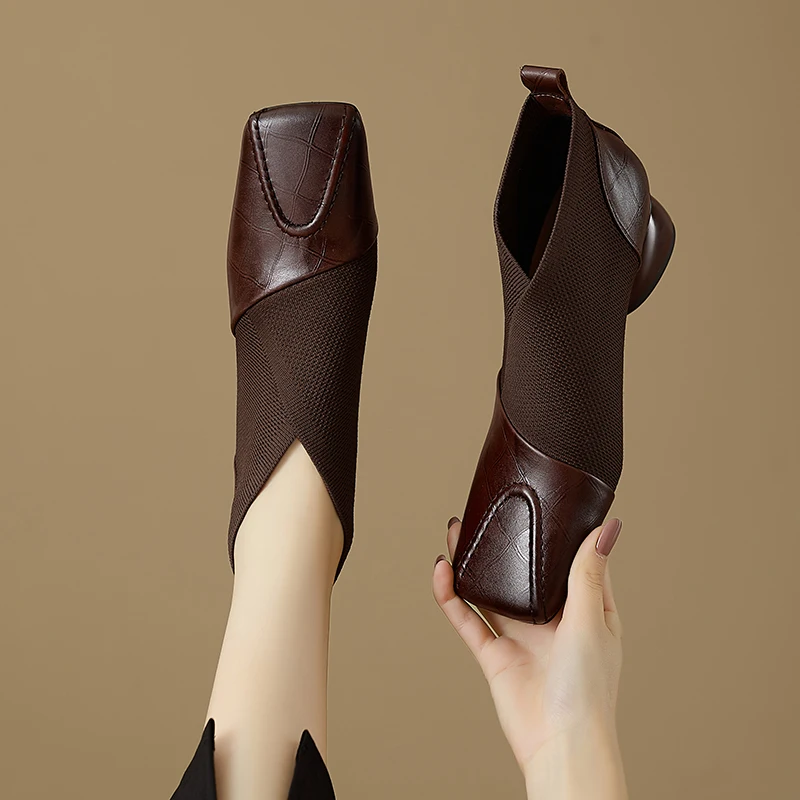 【JOCHEBED HU】Handmade Brand Genuine Leather Women Ankle Boots Mid Heels Square Toe Autumn Winter Dress Party Lady 34-43