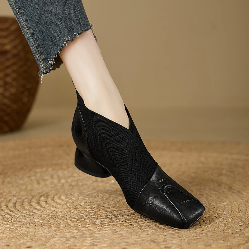 【JOCHEBED HU】Handmade Brand Genuine Leather Women Ankle Boots Mid Heels Square Toe Autumn Winter Dress Party Lady 34-43