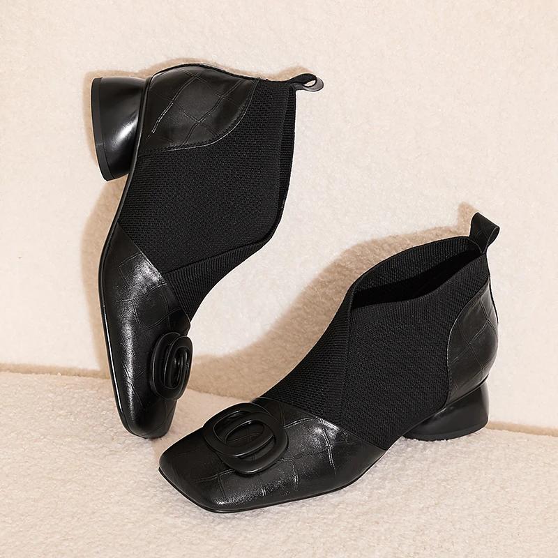 【JOCHEBED HU】Handmade Brand Genuine Leather Women Ankle Boots Mid Heels Square Toe Autumn Winter Dress Party Lady 34-43
