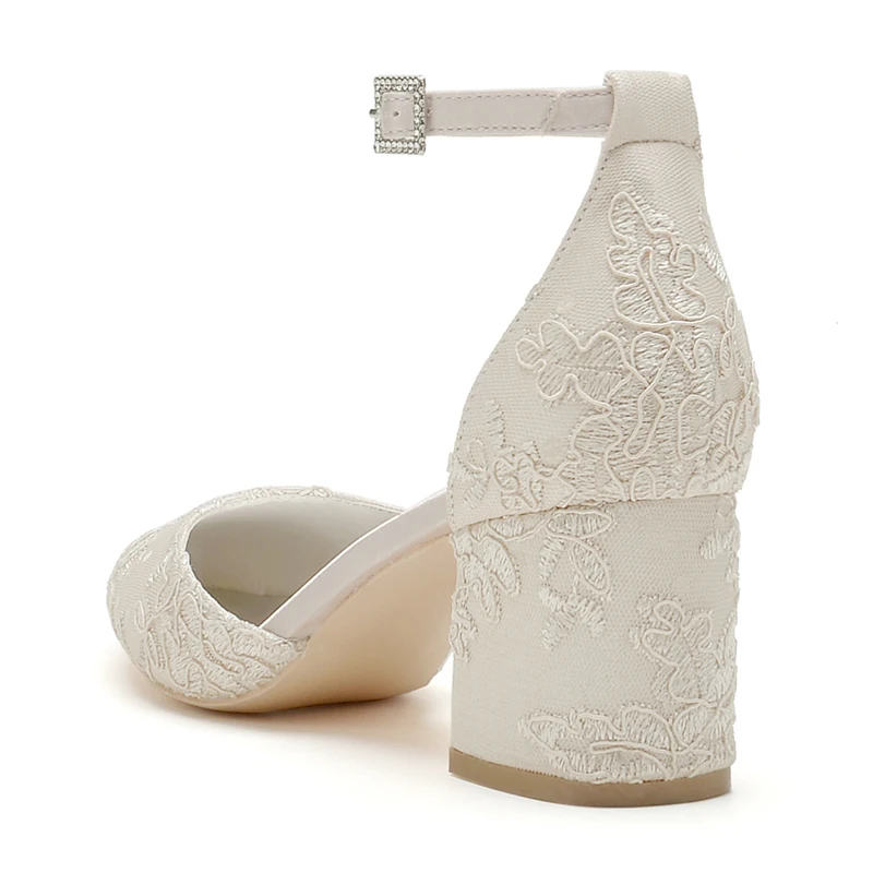 Block Heel Lace Wedding Shoes for Bride Bridal Heels Pointed Toe Ankle Buckle Strap Evening Formal Party Dressy Pumps