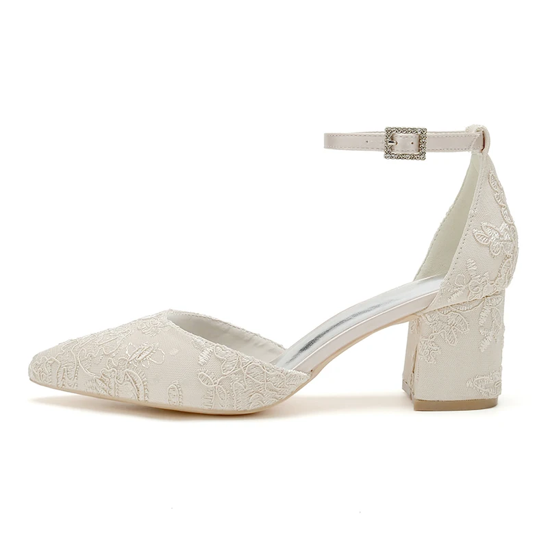 Block Heel Lace Wedding Shoes for Bride Bridal Heels Pointed Toe Ankle Buckle Strap Evening Formal Party Dressy Pumps