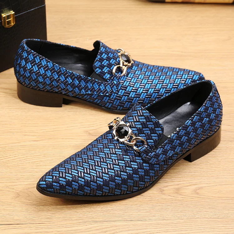 Brand braided leather shoes men formal blue loafers italian mens pointed toe dress shoes casual flats velvet slippers Oxfords
