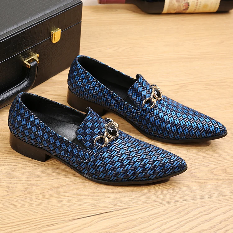 Brand braided leather shoes men formal blue loafers italian mens pointed toe dress shoes casual flats velvet slippers Oxfords