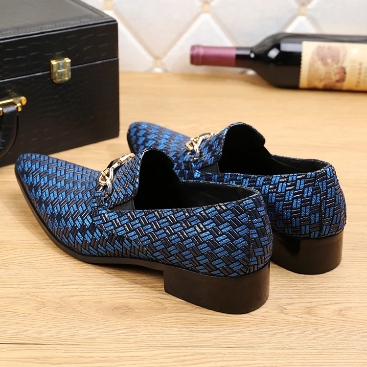 Brand braided leather shoes men formal blue loafers italian mens pointed toe dress shoes casual flats velvet slippers Oxfords