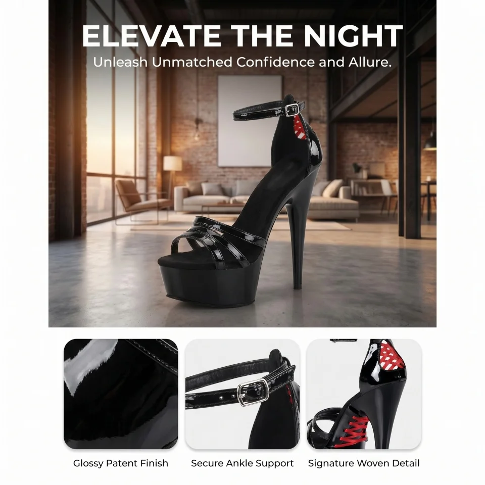 15cm Red Patent PU High Heel Sandals Crisscross Cutout Open Toe Ankle Strap Buckle Non-slip Sexy Stage Performance Nightclub