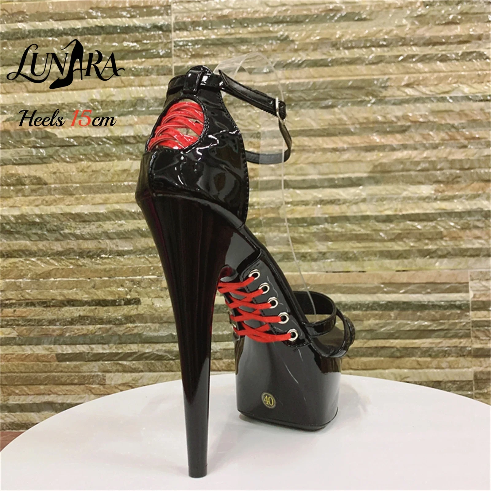 15cm Red Patent PU High Heel Sandals Crisscross Cutout Open Toe Ankle Strap Buckle Non-slip Sexy Stage Performance Nightclub