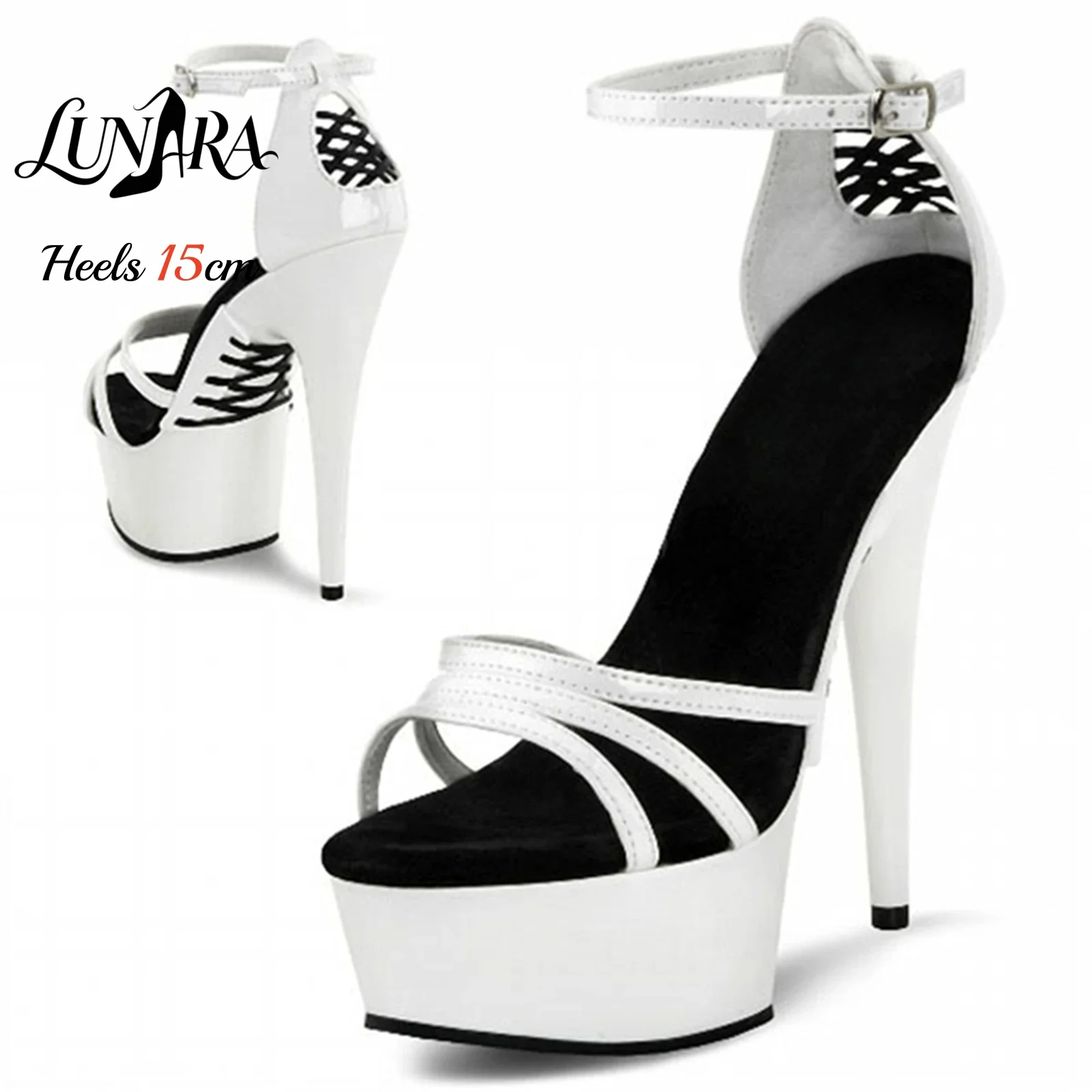 15cm Red Patent PU High Heel Sandals Crisscross Cutout Open Toe Ankle Strap Buckle Non-slip Sexy Stage Performance Nightclub