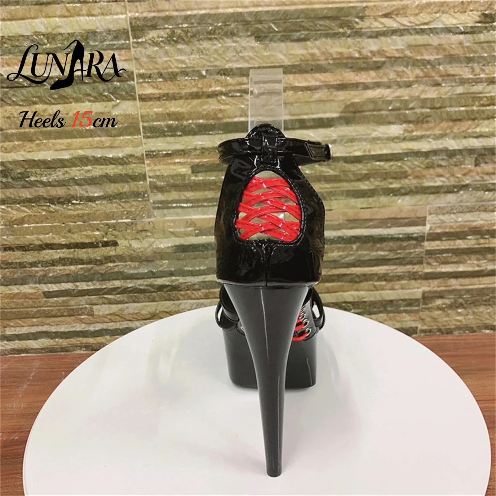 15cm Red Patent PU High Heel Sandals Crisscross Cutout Open Toe Ankle Strap Buckle Non-slip Sexy Stage Performance Nightclub
