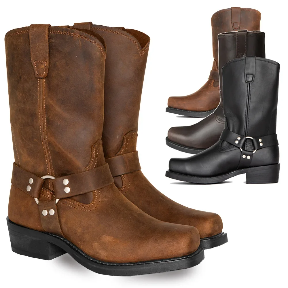 Retro Cowboy Boots Men Mid Calf Western Boots Men Pu Leather Boots Man Slip On Shoes Winter Knight Boots Booties Plus Size 39-48