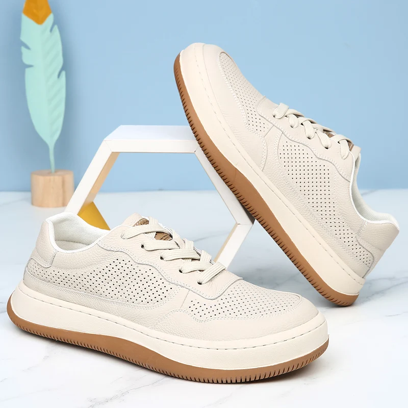 DIMANYU 2026 New Summer Men's Mesh Shoes Genuine Leather Fashion Lace-Up Casual Flat Non-Slip Sneakers Men