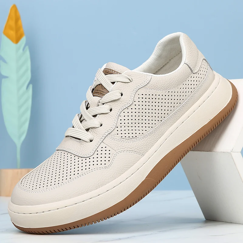 DIMANYU 2026 New Summer Men's Mesh Shoes Genuine Leather Fashion Lace-Up Casual Flat Non-Slip Sneakers Men