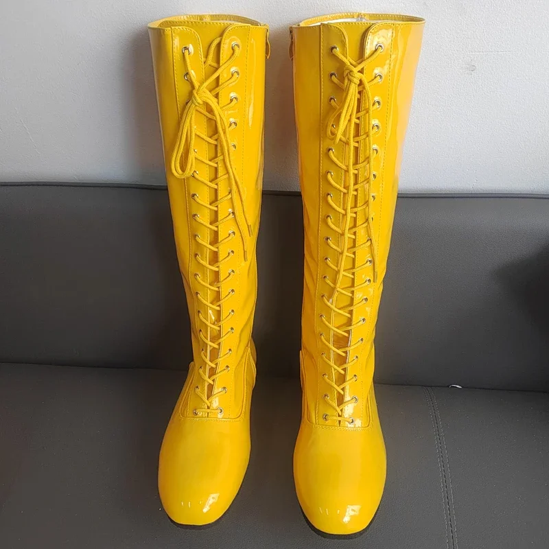 Hogan Yellow Black Wrestling Boots Pro Lace Up High Top Leather Mens Ring Costume Boots Wrestling Shoes