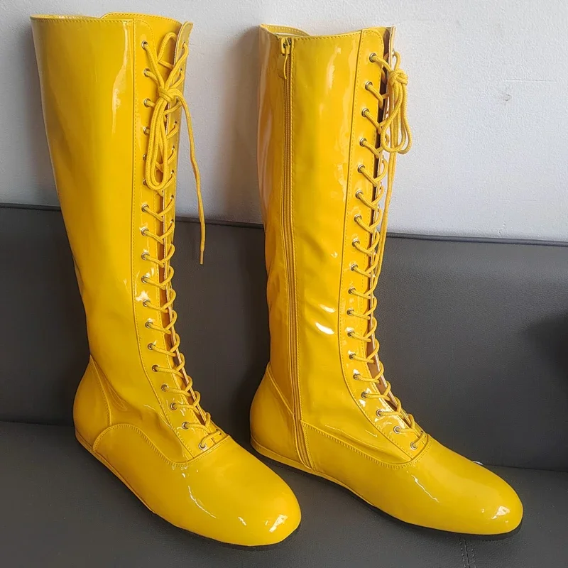 Hogan Yellow Black Wrestling Boots Pro Lace Up High Top Leather Mens Ring Costume Boots Wrestling Shoes