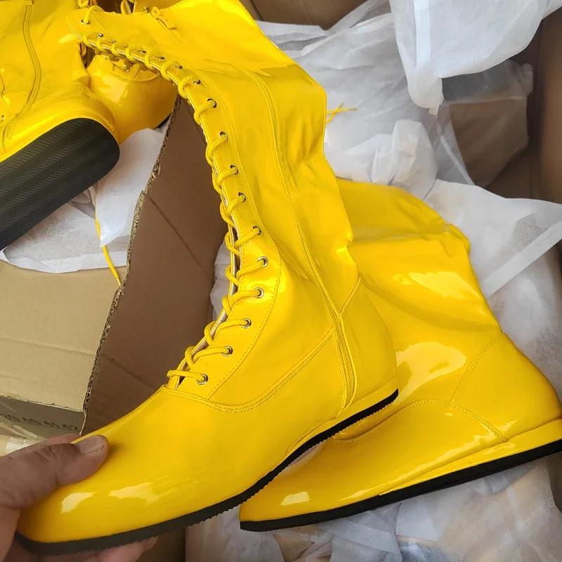Hogan Yellow Black Wrestling Boots Pro Lace Up High Top Leather Mens Ring Costume Boots Wrestling Shoes
