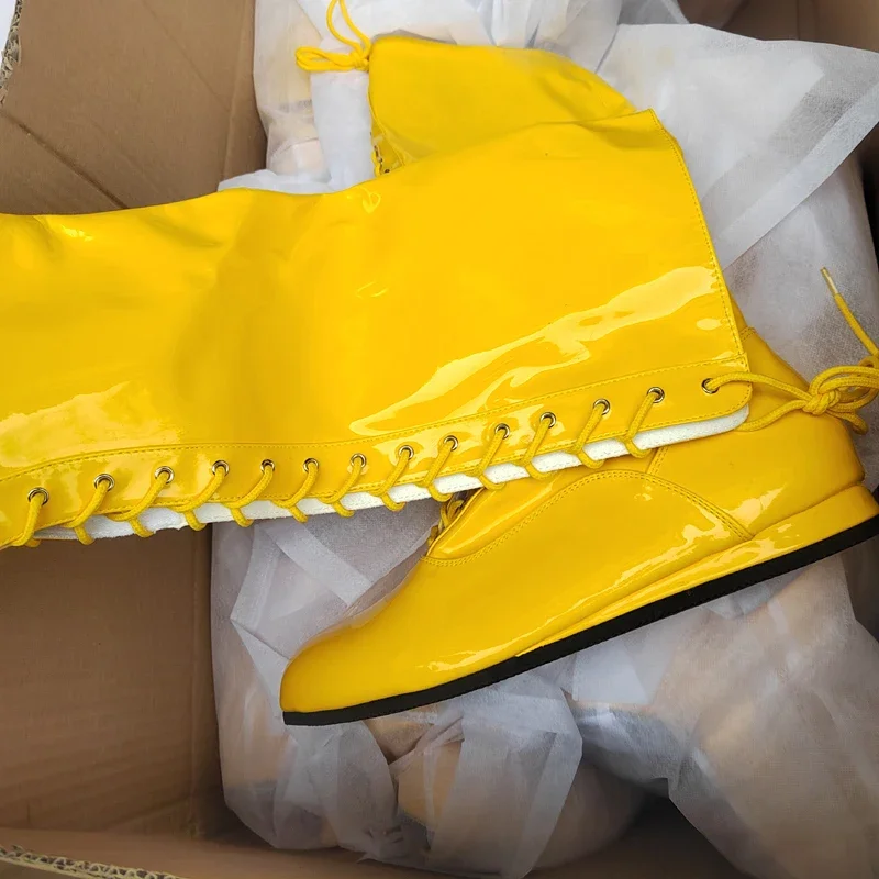 Hogan Yellow Black Wrestling Boots Pro Lace Up High Top Leather Mens Ring Costume Boots Wrestling Shoes