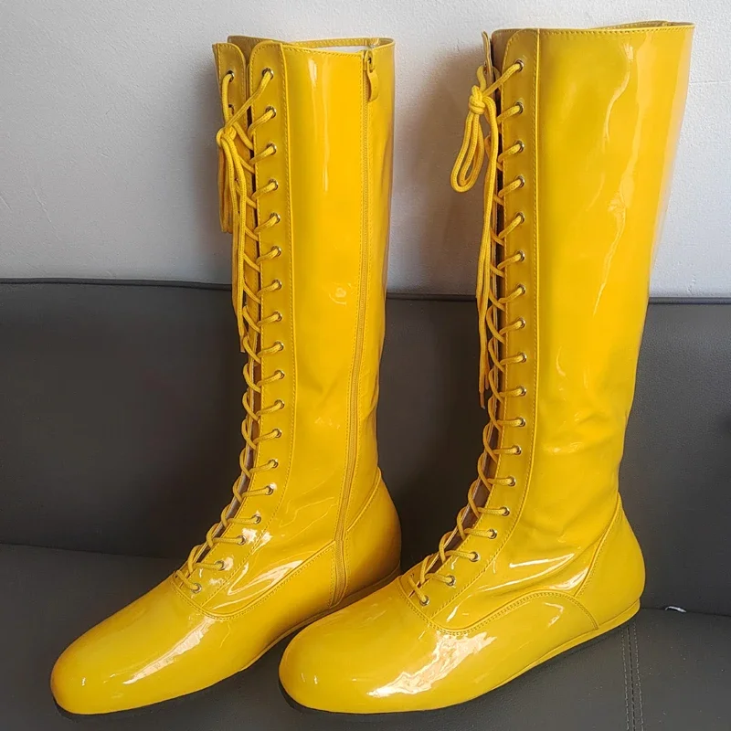 Hogan Yellow Black Wrestling Boots Pro Lace Up High Top Leather Mens Ring Costume Boots Wrestling Shoes