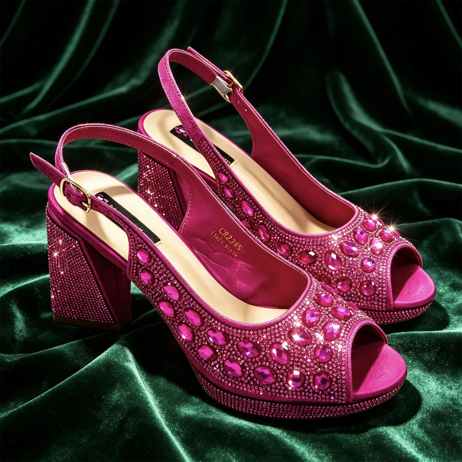 2025 New Rhinestone Design African-Inspired Shoe and Bag Set Olive Toe-Exposing Comfortable Women's High Heels Trending on INS
