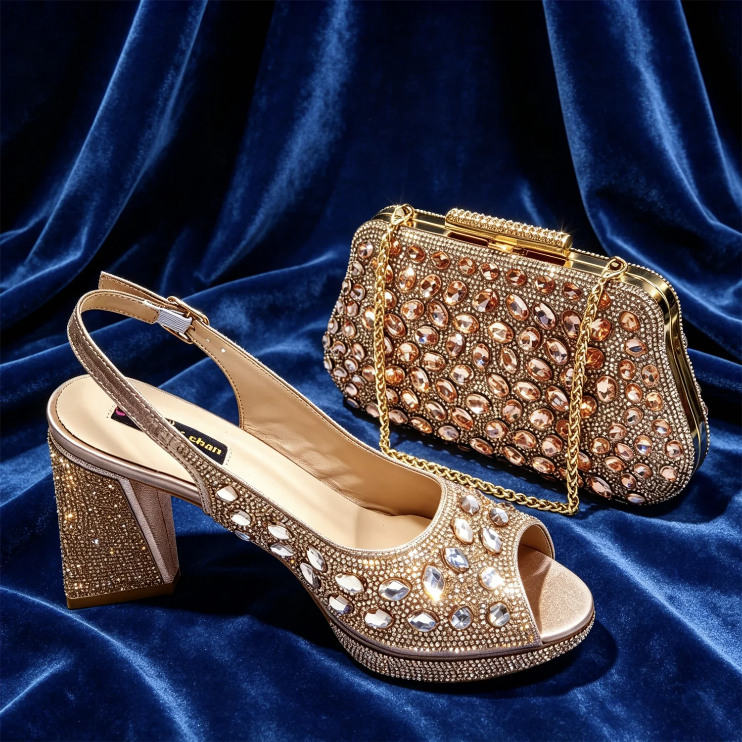 2025 New Rhinestone Design African-Inspired Shoe and Bag Set Olive Toe-Exposing Comfortable Women's High Heels Trending on INS