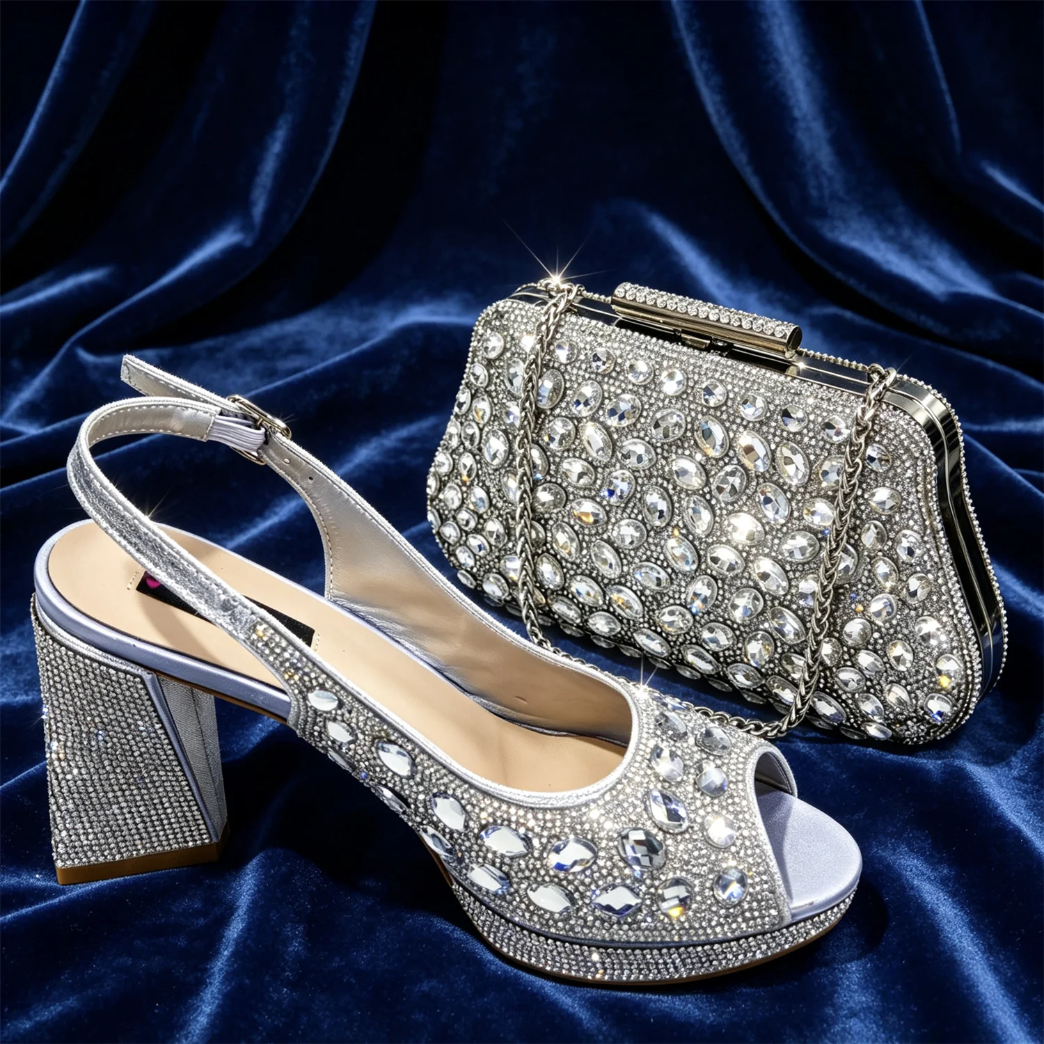 2025 New Rhinestone Design African-Inspired Shoe and Bag Set Olive Toe-Exposing Comfortable Women's High Heels Trending on INS