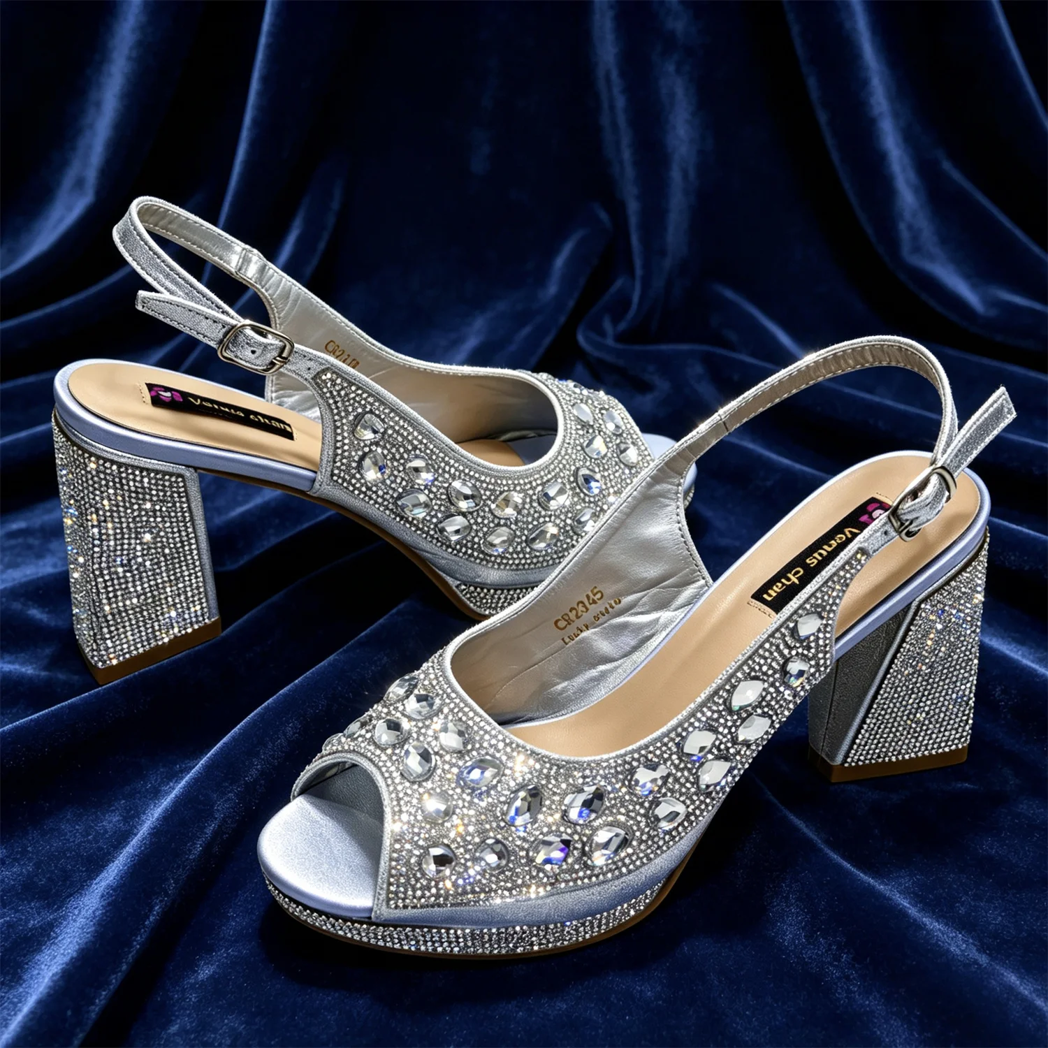 2025 New Rhinestone Design African-Inspired Shoe and Bag Set Olive Toe-Exposing Comfortable Women's High Heels Trending on INS