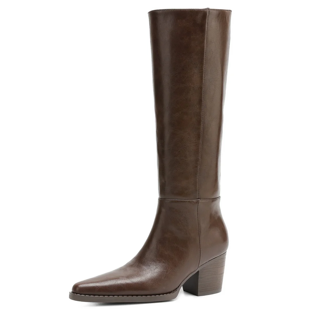 Women's genuine leather pointed toe slip-on autumn knee high boots 6cm thick high heel elegant ladies dress slim long boots shoe