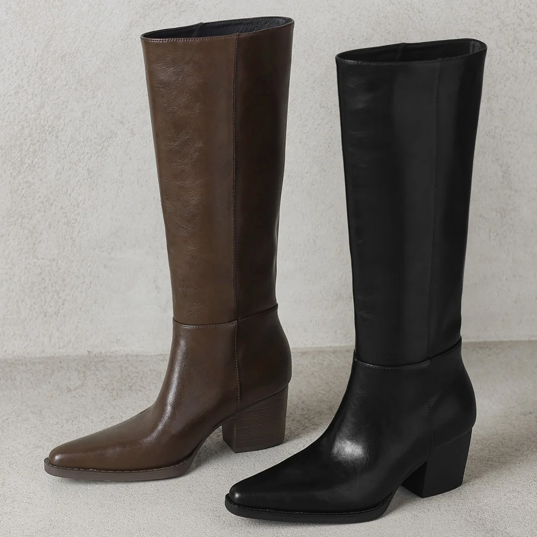 Women's genuine leather pointed toe slip-on autumn knee high boots 6cm thick high heel elegant ladies dress slim long boots shoe