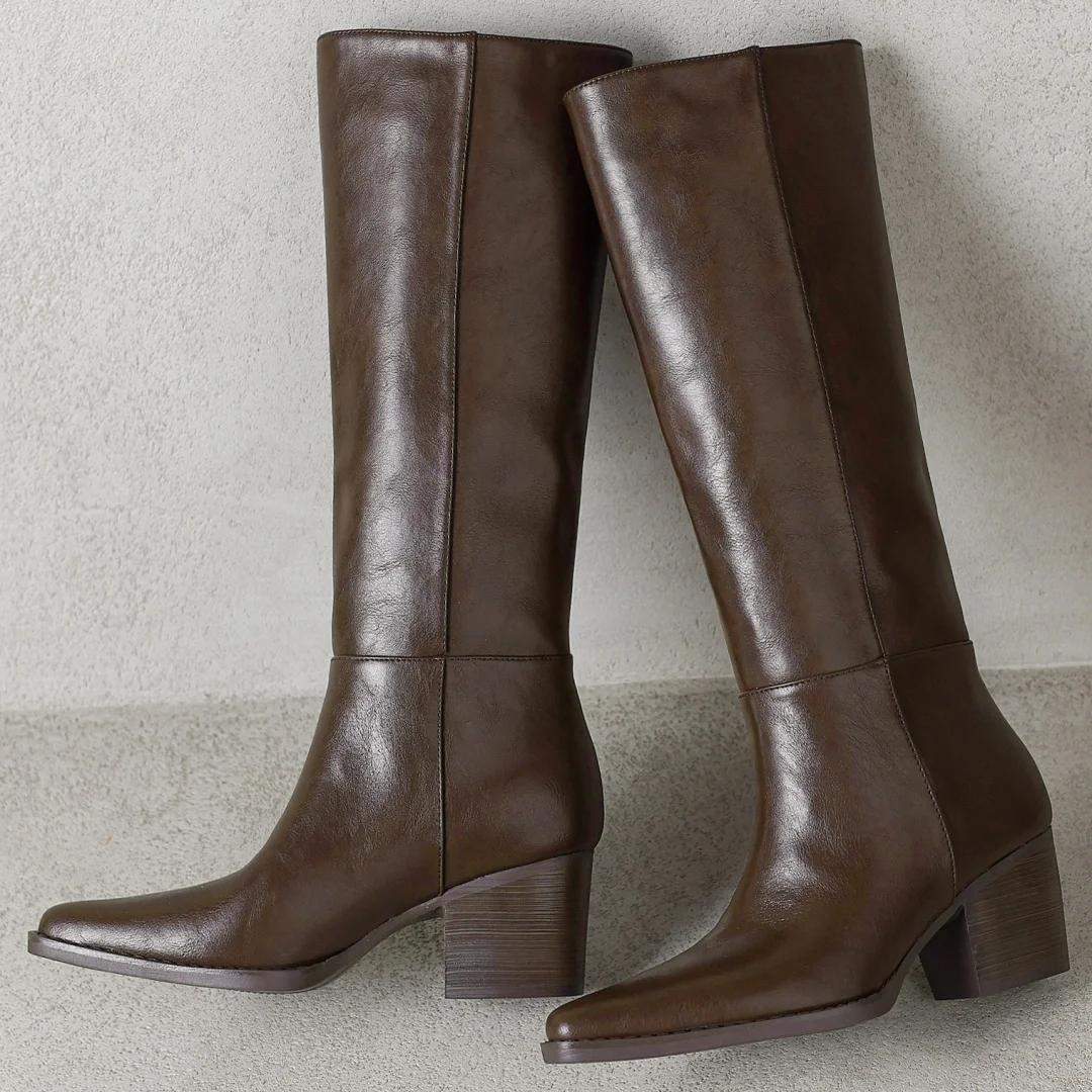 Women's genuine leather pointed toe slip-on autumn knee high boots 6cm thick high heel elegant ladies dress slim long boots shoe