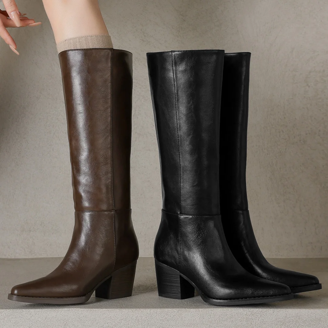 Women's genuine leather pointed toe slip-on autumn knee high boots 6cm thick high heel elegant ladies dress slim long boots shoe