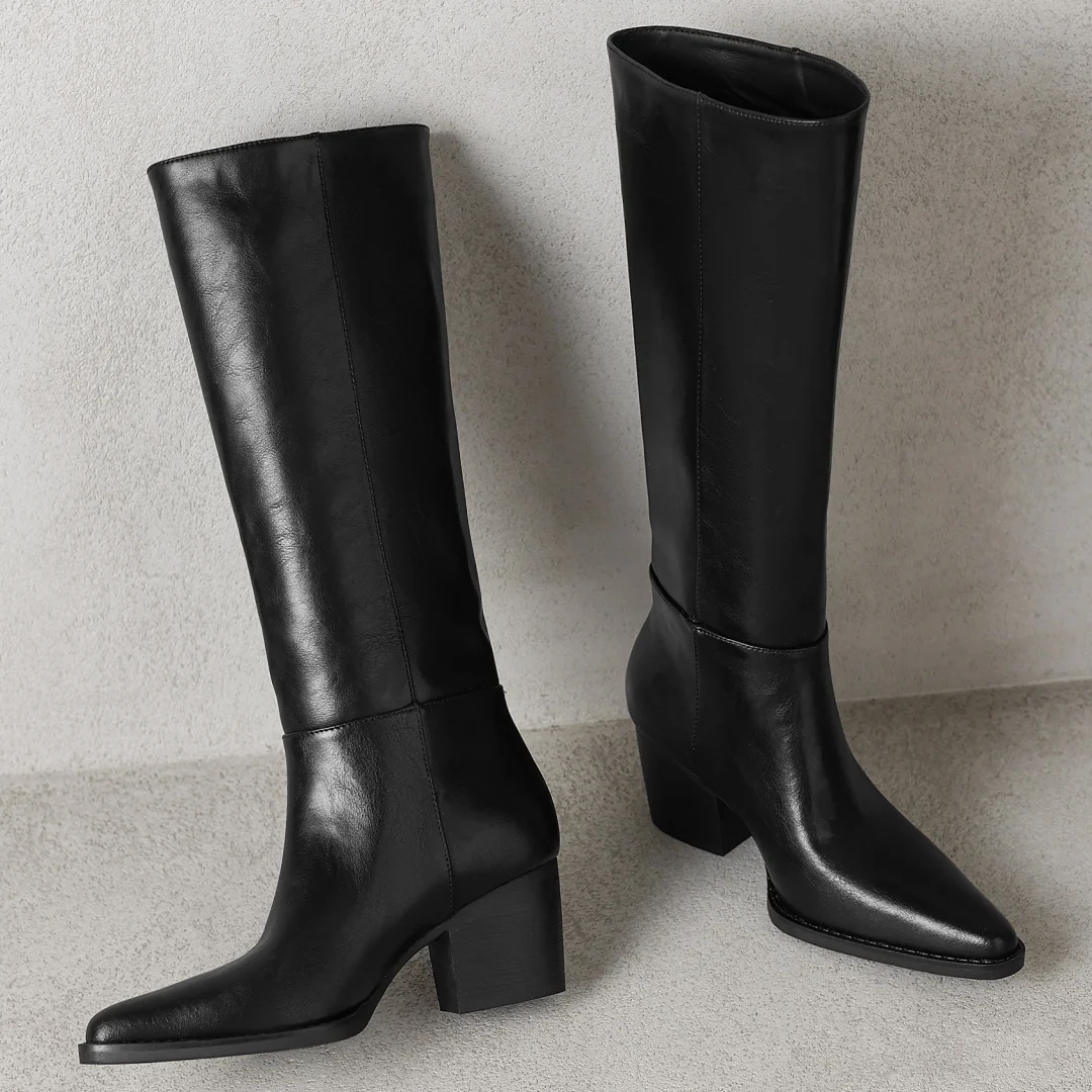 Women's genuine leather pointed toe slip-on autumn knee high boots 6cm thick high heel elegant ladies dress slim long boots shoe