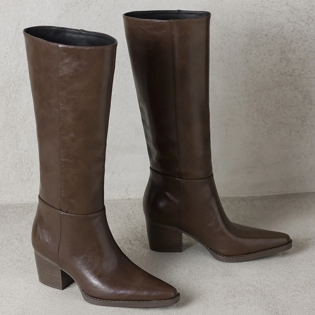Women's genuine leather pointed toe slip-on autumn knee high boots 6cm thick high heel elegant ladies dress slim long boots shoe