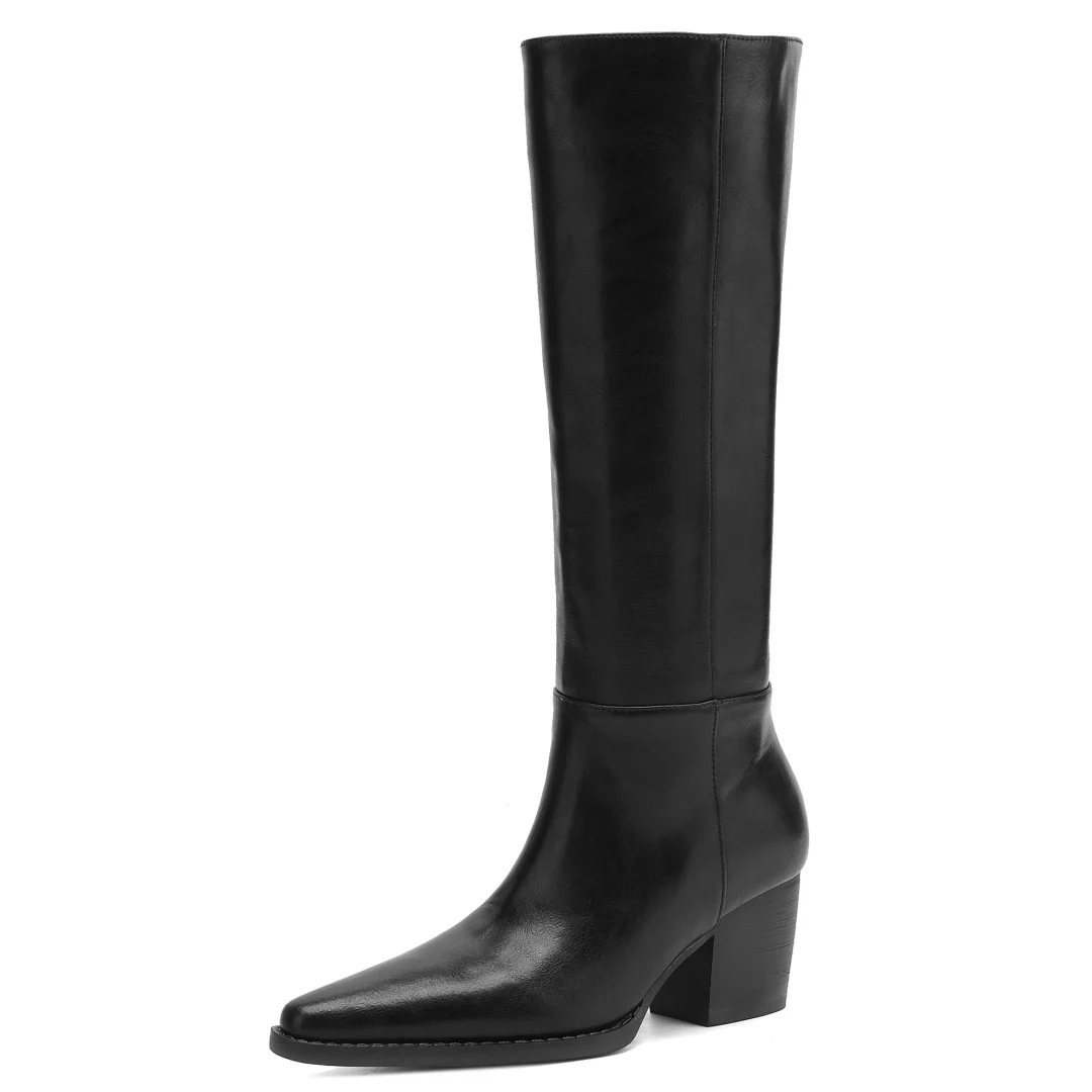 Women's genuine leather pointed toe slip-on autumn knee high boots 6cm thick high heel elegant ladies dress slim long boots shoe