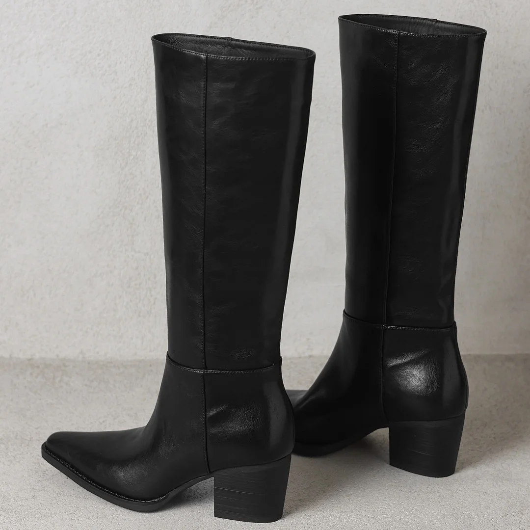 Women's genuine leather pointed toe slip-on autumn knee high boots 6cm thick high heel elegant ladies dress slim long boots shoe