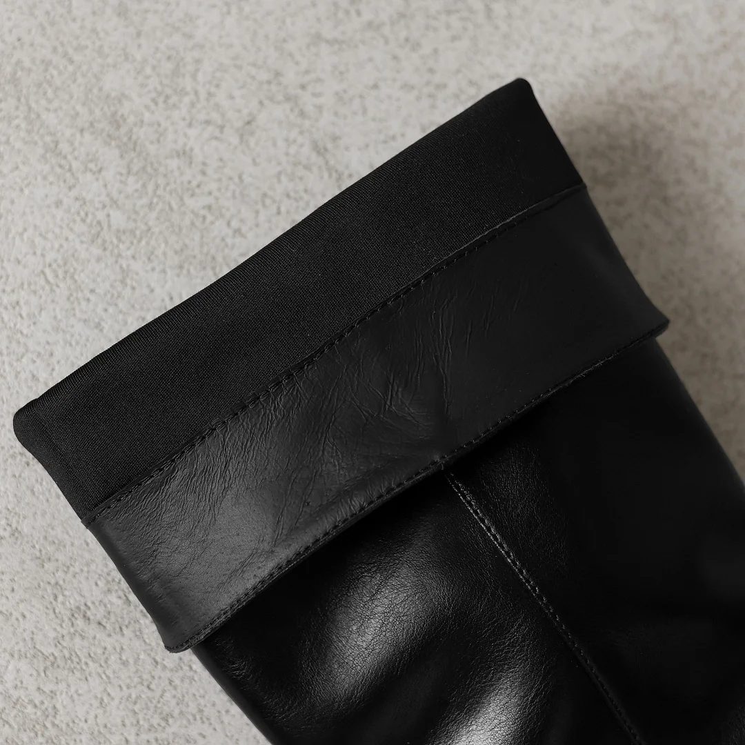 Women's genuine leather pointed toe slip-on autumn knee high boots 6cm thick high heel elegant ladies dress slim long boots shoe